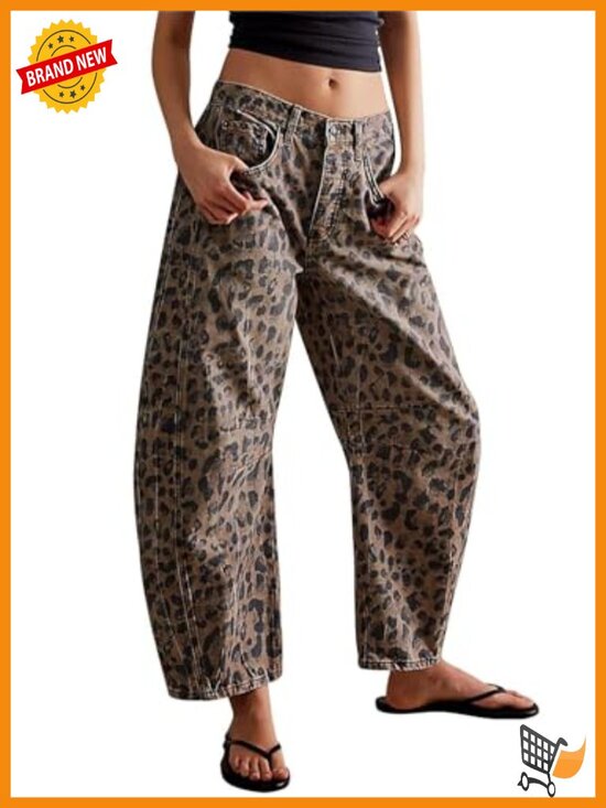 Denim - Women's Mid Rise Barrel Jeans Stretch Cropped Wide Leg Boyfriend